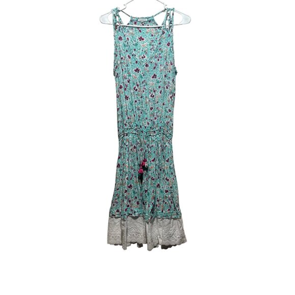 Poupette St.Barth Floral Midi Dress Women Small Aqua Elastic Waist Tassel Resort - Picture 1 of 16